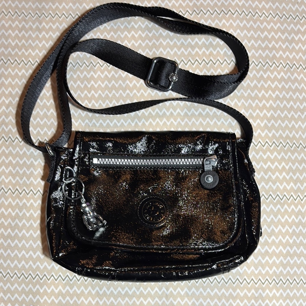 Kipling Shiny Black and Brown Crossbody Bag